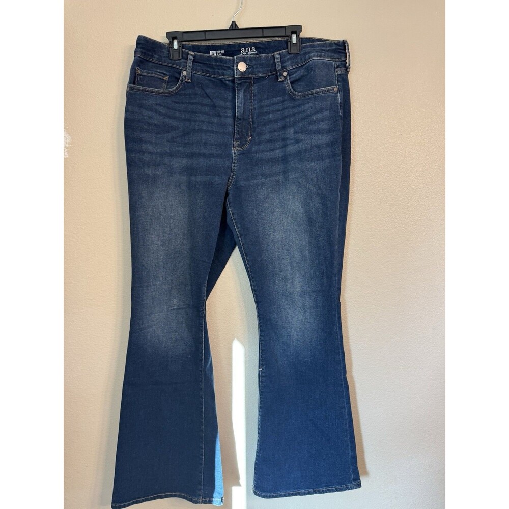 a.n.a Women's Blue Denim Jeans Medium Wash High-Rise Flared 5-Pocket Button Zip